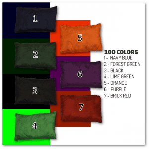 An image showing color swatches of the of 10d Colors: Navy Blue, Forest Green, Black, Lime Green, Orange, Purple, andf Brick Red.