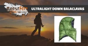 The Facebook image for GooseFeet Gear Down Balaclavas showing a black silhouette of a backpacker with a bright orange sunset behind them. Image says "Ultralight Down Balaclavas" on a dark grey banner and has the Goosefeet logo in the top left corner and an image of a green down balaclava