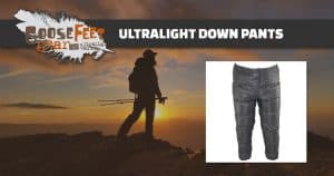 The Facebook image for GooseFeet Gear Down Pants showing a black silhouette of a backpacker with a bright orange sunset behind them. Image says "Ultralight Down Pants" on a dark grey banner and has the Goosefeet logo in the top left corner and an image of a pair of black ultralight down pants