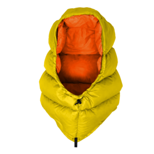 An ultralight down balaclava in Yellow (shell) and Blaze Orange (interior)