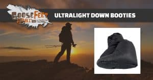 The Facebook image for GooseFeet Gear Down Booties showing a black silhouette of a backpacker with a bright orange sunset behind them. Image says "Ultralight Down Booties" on a dark grey banner and has the Goosefeet logo in the top left corner and an image of a pair of black ultralight down booties