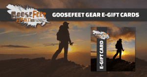 The Facebook image for GooseFeet Gear E-Gift Cards showing a black silhouette of a backpacker with a bright orange sunset behind them. Image says "Goosefeet gear E-Gift Cards" on a dark grey banner and has the Goosefeet logo in the top left corner and an image of a the E-Gift Card