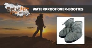 The Facebook image for GooseFeet Gear Waterproof Over-Booties showing a black silhouette of a backpacker with a bright orange sunset behind them. Image says "Waterproof Over-Booties" on a dark grey banner and has the Goosefeet logo in the top left corner and an image of a pair of grey over-booties
