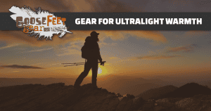 The Facebook image for GooseFeet Gear showing a black silhouette of a backpacker with a bright orange sunset behind them. Image says "Gear for Ultralight Warmth" on a dark grey banner and has the Goosefeet logo in the top left corner