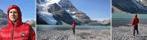 A three panelled image showing: a close up of a man in a red custom down jacket, a far away view of a man in a custom jacket standing next to a glacial lake, a close up of the same man.