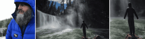 A three panelled image showing: A bearded man wearing a blue custom jacket, a man in a black jacket standing in front of a waterfall, a close up image of the man standing near a waterfall