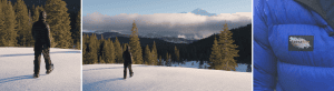 A three paneled header image showing: A close up of a man in a black down jacket walking in the snow, a far away of a man walking through the snow, and a close up of the Goosefeet logo on a blue jacket.